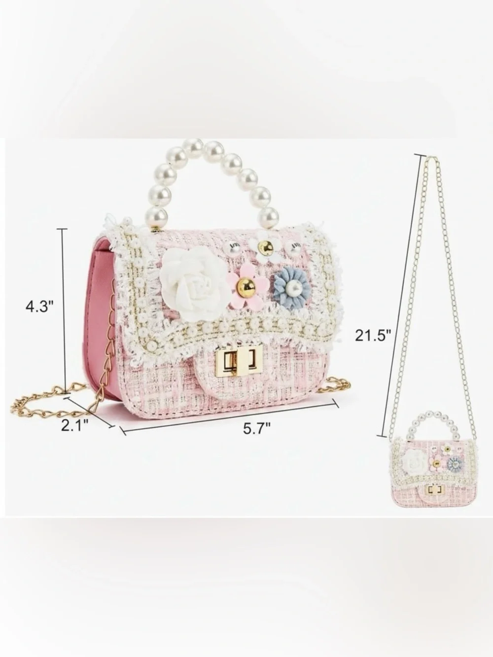 New Girls' Ivory Tweed Pearl-Trim Mini Crossbody Shoulder Bag Purse Chain Strap